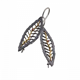 Darkened antique finish Silver Olive Leaf Earrings highlighted with center 18k gold leaf vein and ruby