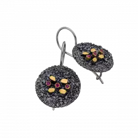 Darkened antique finish Silver Dome Earrings embellished with 18k gold leaves and rubies
