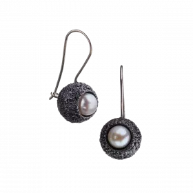 Darkened antique finish Convex Dome Silver Earrings with white pearl