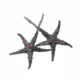 Dangling darkened antique finish Starfish Earrings accented with 18k gold leaf bands and rubies