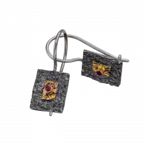 Darkened antique finish dangling square Silver Earrings with18k gold leaves and ruby