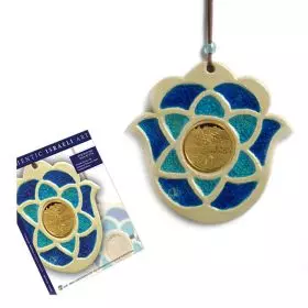 Israeli gift, Jerusalem Panorama Hamsa with in set medal, ceramic, 13.5x13.5 cm