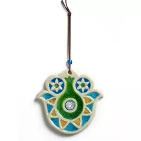 Israeli gift, Pomegranate Hamsa with inset Wheel of Blessings Medal, ceramic, 13.5x13.5 cm