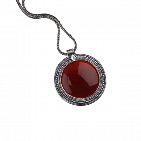 Silver Necklace with handcrafted round ethnic pendant set with stunning center Carnelian stone
