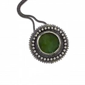 Round Silver Pin / Pendant with decorative dot design and set with ancient Roman Glass in the center