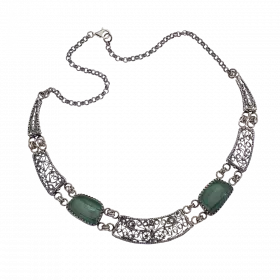 Silver Fan Necklace embellished with filigree decorations and 2 ancient Roman Glass stones