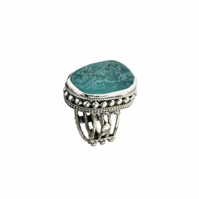 Wide Silver Ring with raised ancient Roman Glass surrounded by decorative dot design