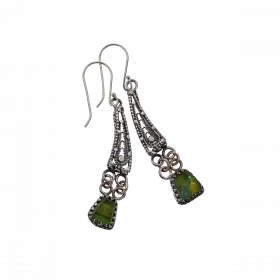 Silver Fan Earrings adorned with filigree and ancient Roman Glass