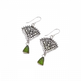 Triangular Silver Filigree Earrings with triangular dangle set with Roman Glass