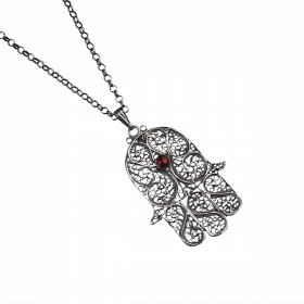 Silver Necklace with medium-sized dainty filigree Hamsa pendant set with Carnelian stone