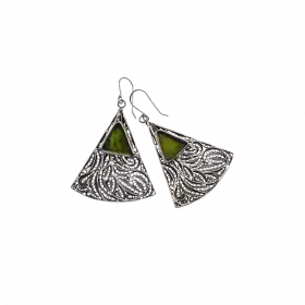 Large triangular Silver Earrings adorned with dainty filigree work and set with ancient Roman Glass