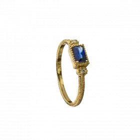 14k Gold Ring set with rectangular Corundum Sapphire and Diamond on either side 0.02ct