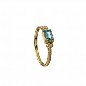14k Gold Ring set with rectangular Blue Topaz and Diamond on either side