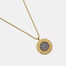 14k Gold Necklace with round pendant and set with diamonds, 10 points