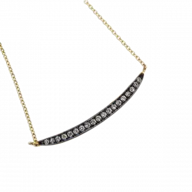 14k Gold Necklace with center gold feather darkened with Rhodium and set with diamonds, 12 points
