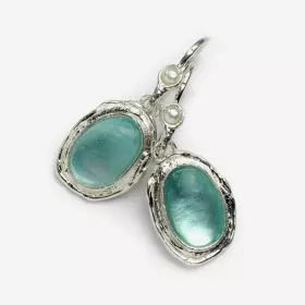 Sterling Silver Hook Earrings set with Roman Glass and Pearl