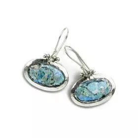 Oval Silver Earrings inlaid with Roman Glass coated with Natural Patina