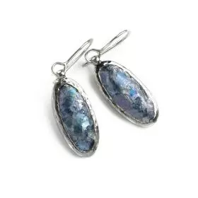Elongated Oval Silver Earrings with Roman Glass coated with Natural Patina