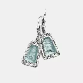 Trapezium Silver Earrings set with Roman Glass coated with Green Patina