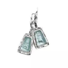 Trapezium Silver Earrings set with Roman Glass coated with Green Patina