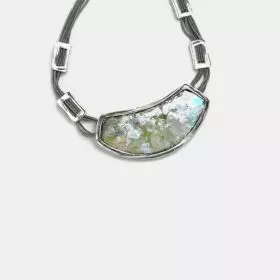 Silver Necklace joined by natural linen threads, with wide center arch set with Roman Glass coated with Natural Patina