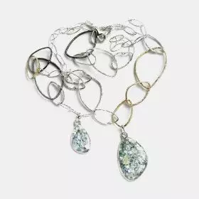Silver Necklace with Links, some Silver, some Gilded, and with 2 Pendants set with Roman Glass coated with Natural Patina