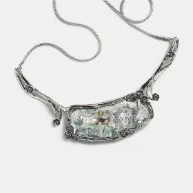 Silver Necklace with center arched rectangle set with Roman Glass coated with Natural Patina