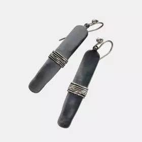 Darkened antique finish rectangular Silver Earrings, hand-wound widthwise with silver thread