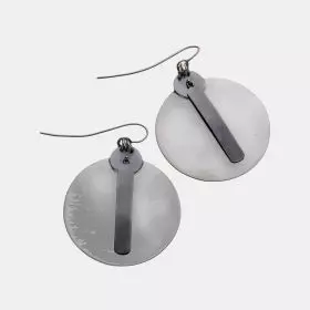 Uniquely sized, large frosted Silver Disk Earrings with attached darkened silver disk and rectangle, creating movement and arousing constant interest