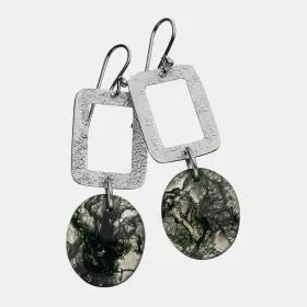 Rectangular Silver Earrings with oval Moss Agate Stone