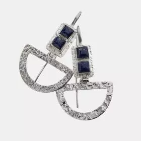Silver Rectangle Earrings set with 2 square Lapis Stones with dangling arched silver frame