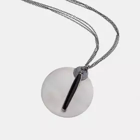 Three-strand darkened antique finish Silver Necklace with pendant composed of a frosted silver disk, a small darkened antique finish disk and a uniquely long and cut onyx stone