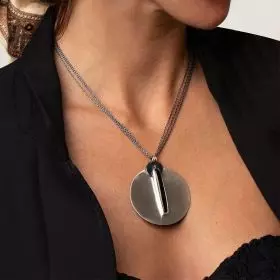 Three-strand darkened antique finish Silver Necklace with pendant composed of a frosted silver disk, a small darkened antique finish disk and a uniquely long and cut onyx stone