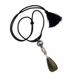 Black Cotton Cord Knitted with Silver and Ocean Jasper and Moonstone Pendant