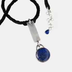 Black Cotton Cord Necklace with Silver and Lapis lazuli stone