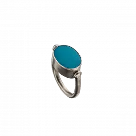 Two-sided Silver Ring with a turquoise stone set on one side and a decorative "Ward off the Evil Eye" engraving on the other side