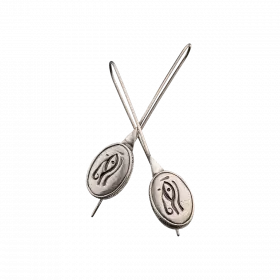Oval Silver Earrings with decorative "Ward off the Evil Eye" engraving and especially long front and rear hook