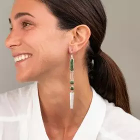 Long Silver Hook Earrings set with polygram jasper stones