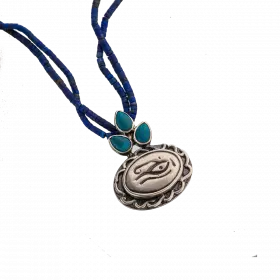Double Afghanistan Lapis Necklace with center "Ward off the Evil Eye" pendant embellished with three turquoise stones