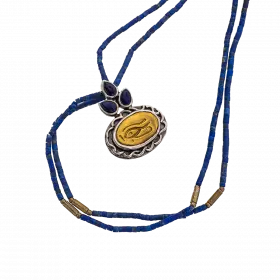 Double Afghanistan Lapis Necklace with center pendant engraved with "Ward off the Evil Eye" decoration and embellished with three lapis stones