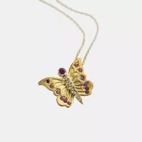 Gold Butterfly Necklace with Red Sapphire and Diamonds 