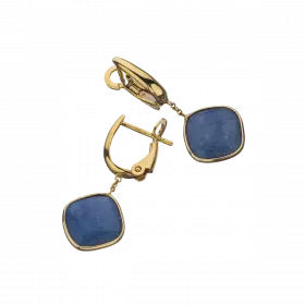 14k Gold English Clasp Earrings with dangling diamond-shaped blue Chalcedony Gemstone in gold setting