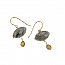 14k Gold Hook Earrings with Marquise Black Rutile Quartz in gold setting and Citrine droplet dangle