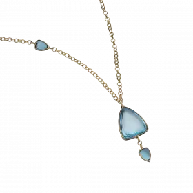 14k Gold Necklace with special cut Blue Topaz on one side and matching Blue Topaz Pendant in gold setting in the center