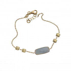 14k Gold Bracelet with 4 gold squares and Milky Aquamarine Stone in gold setting in the center