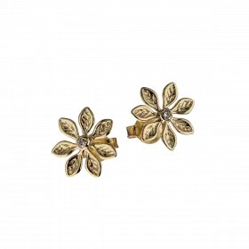 14k Gold Six-Petal Stud Earrings with diamonds, 0.03 ct