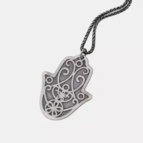 Antique Finish Silver Necklace with Silver Hamsa Pendant engraved with Arabesque decorations