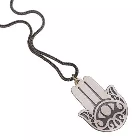  Antique Finish Silver Necklace with Silver Hamsa Pendant decorated in the center with an "eye" against all evil 