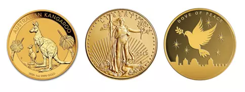 Dove of Peace bullion, American Eagle bullion coin, Australian Kangaroo bullion coin