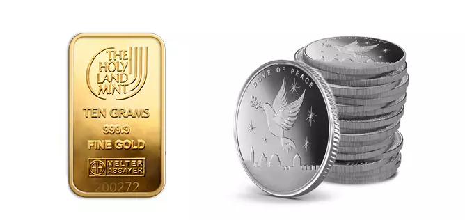 20 Dove of Peace Silver rounds alongside the 10 Gram Dove of Peace Gold Bar